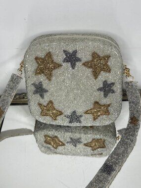 SilveSparkle Star Seed Beaded Crossbody Box Bag with Star Strap Western Boho NEW